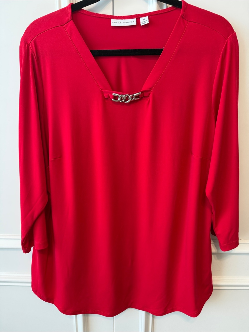 Susan Graver Red Chain-Accent V-Neck Women's Top